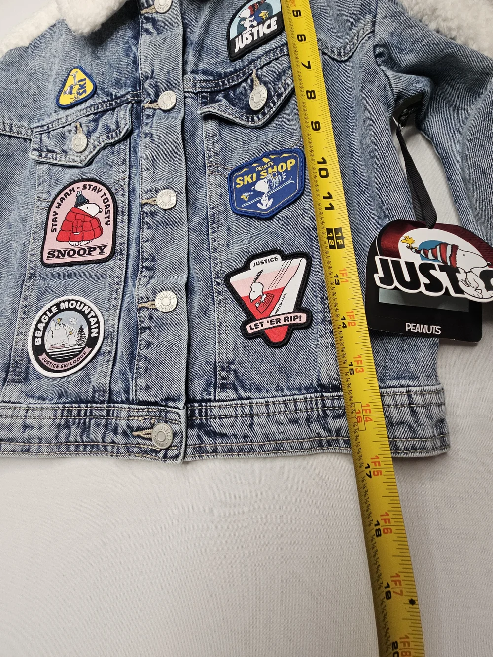 NWT Justice x Peanuts Snoopy Patch Acid Wash Denim Jacket Faux Fur Collar XS 5/6